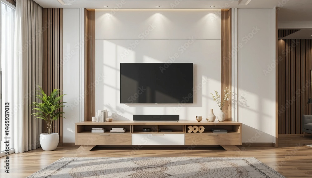 Fototapeta premium A stylishly minimalist living room features a sleek entertainment center beneath a flat-screen