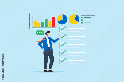 Flat illustration of operator communicating checklist and tasks using dashboard and performance charts in business data report