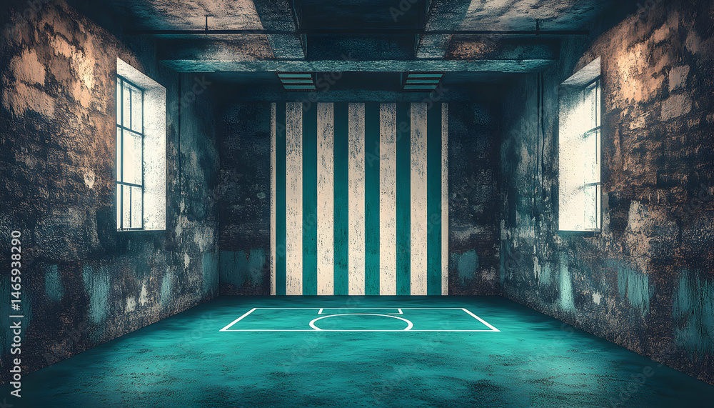 Obraz premium Grungy interior with teal floor, painted stripes, and faint soccer field markings. Perfect for urban, industrial, or sports themes.
