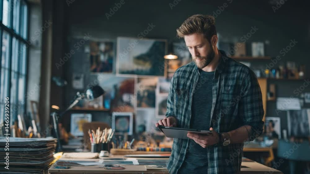 Man Using Digital Tablet in Art Studio Surrounded by Creative Materials and Paintings Man Using Digital Tablet in Art Studio Surrounded by Creative Materials and Paintings