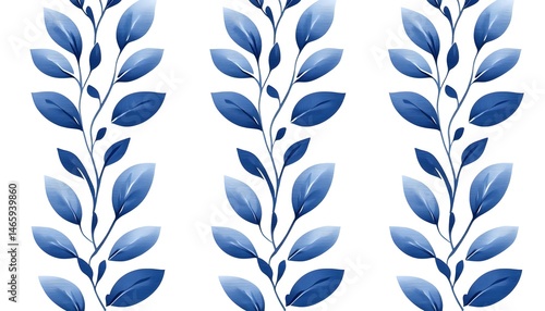 Elegant repeating pattern of stylized blue leaves and vines on a white background.  Perfect for fabric, wallpaper, or home decor