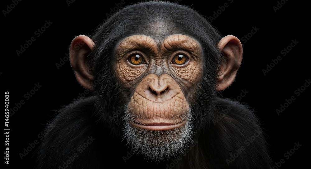 Chimpanzee Portrait Intense Eyes Realistic Ape Face Black Background Chimpanzee Portrait Intense Eyes Realistic Ape Face Black Background