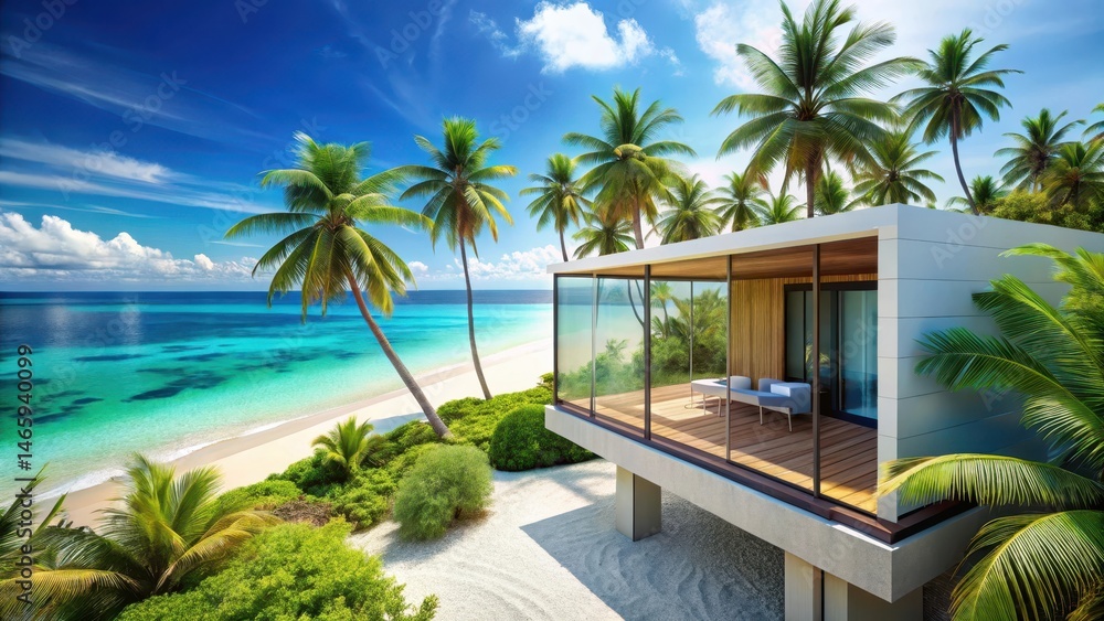 Fototapeta premium A modern beachfront bungalow with a private balcony overlooking the turquoise ocean and sandy white shore, surrounded by palm trees and lush greenery , palm trees, ocean view