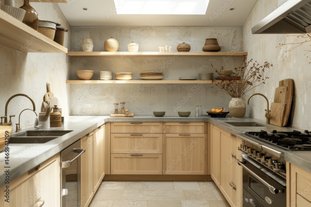 Fototapeta premium Scandinavian kitchen maple cabinets concrete countertops open shelves skylight bathes space natural light perfect interior photography