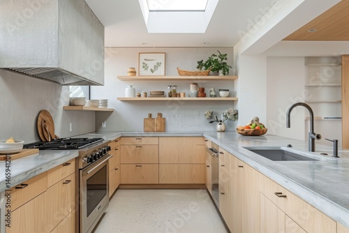 Light maple cabinets and concrete countertops define this Scandinavian kitchen design with open shelving and natural light through a skylight.