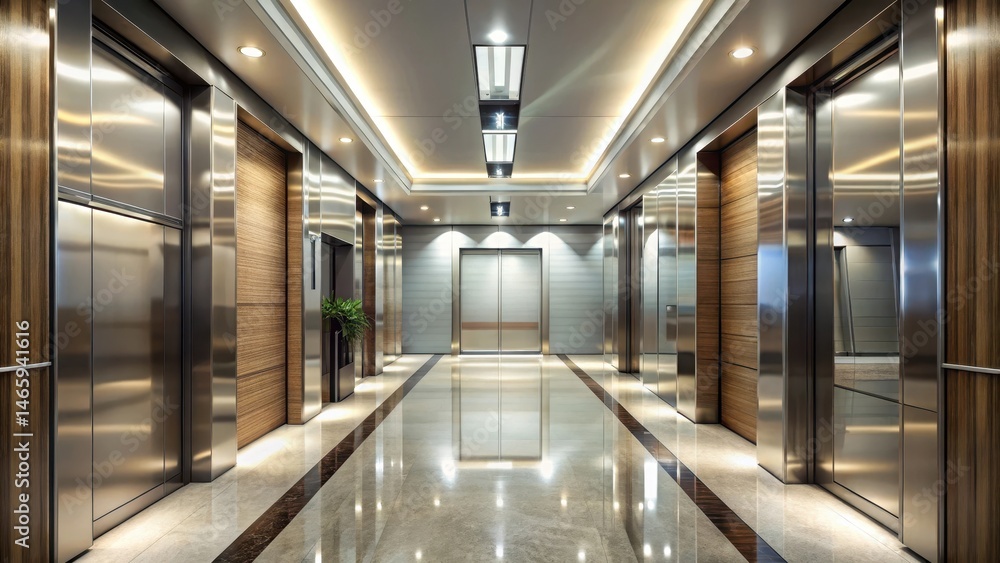 Fototapeta premium Modern hotel corridor with sleek shiny metal elevator