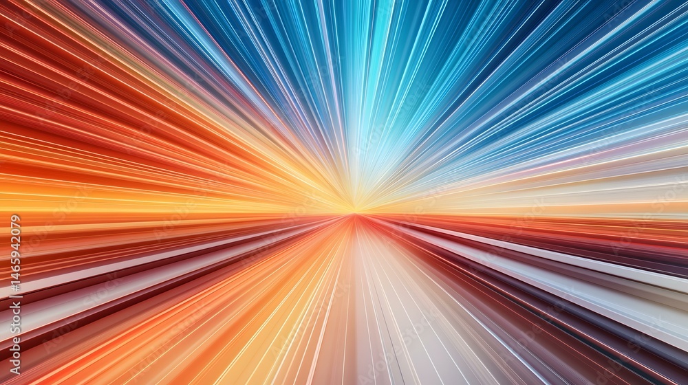 Obraz premium The image is an abstract representation of speed and movement, featuring a burst of radiating lines in warm (orange and red) and cool (blue) tones converging at a central vanishing point.