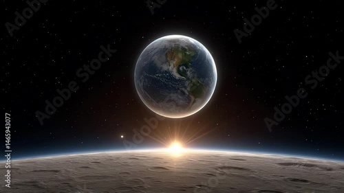 earth in space viewed from moon's surface, with the sun rising in the horizon