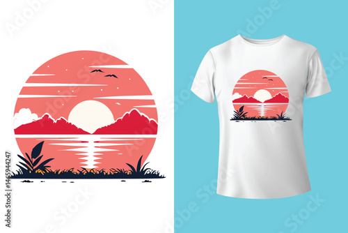 Surfing Wave Illustration with Palm Trees and Sunrise in Retro Style – Perfect for Summer Apparel