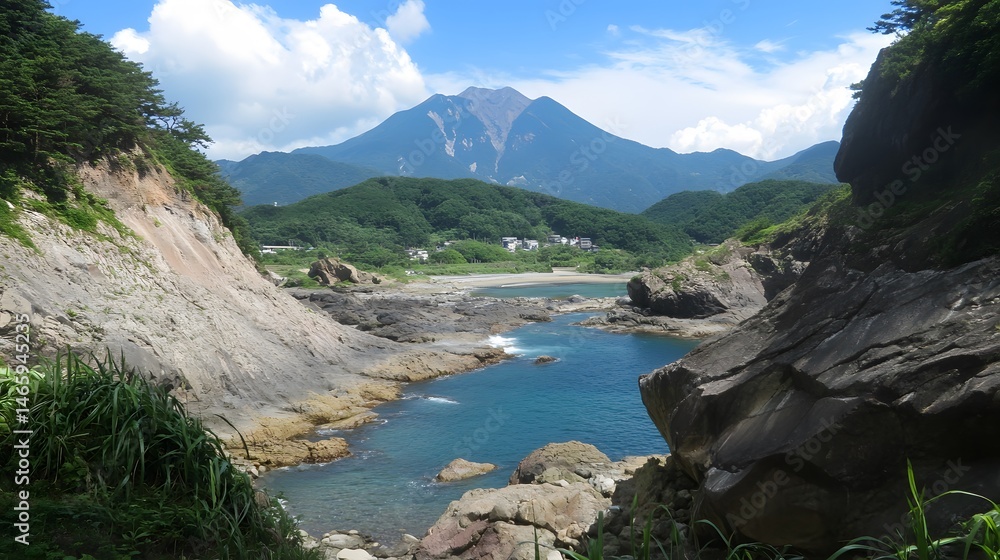 Naklejka premium Scenic Coastal View Mountain Landscape Cove Ocean Rocks