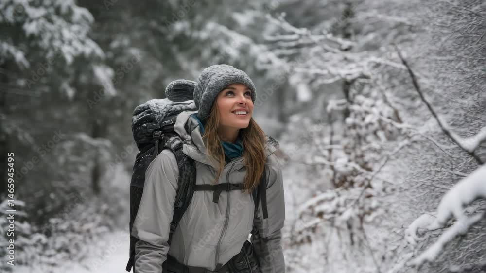 Woman Smiling While Hiking Through Snowy Forest Path in Winter Wonderland Woman Smiling While Hiking Through Snowy Forest Path in Winter Wonderland