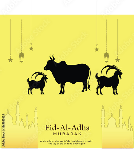 Eid alAdha celebration with silhouette of animals cow goat sheep and camel