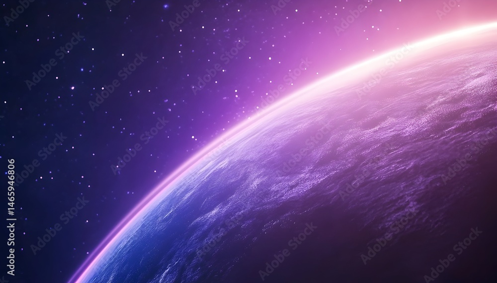 Fototapeta premium A vibrant, cosmic view of a planet's horizon, bathed in purple and pink hues, with a backdrop of distant stars