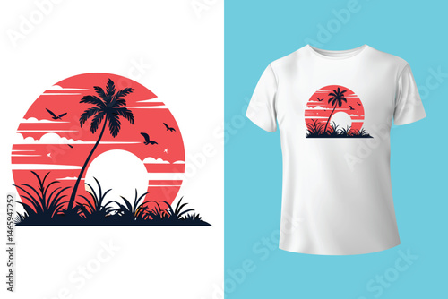Retro Surfing Wave Vector with Palm Trees and Sunburst Background for Summer T-Shirt Design
