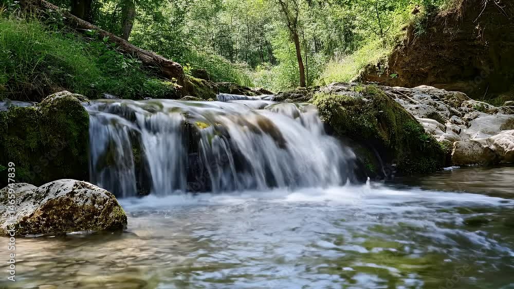 Gentle Waterfall Cascading Over Mossy Rocks Surrounded by Lush Greenery in Sunlight Landscape Gentle Waterfall Cascading Over Mossy Rocks Surrounded by Lush Greenery in Sunlight Landscape