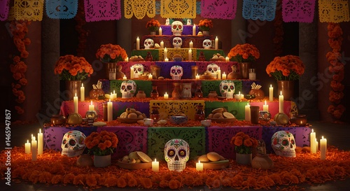 Day of the Dead Altar with Sugar Skulls and Candles