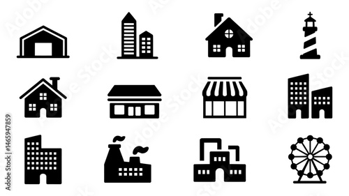 Collection of Commercial and Residential Building Silhouette Icons in Black Vector Style