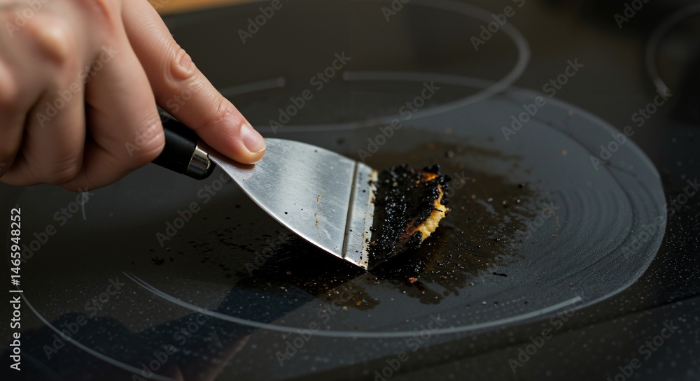 Fototapeta premium Close-up view of a hand using a metal spatula to scrape stubborn burnt food residue off a black induction stove top surface
