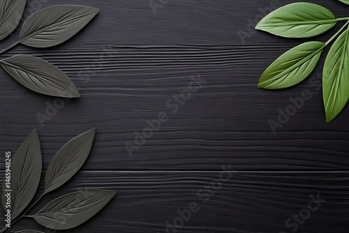 Dark wood background with contrasting green and dark leaves arranged symmetrically, leaving ample space in the center