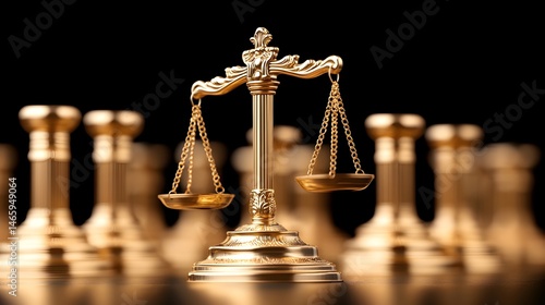 Golden scales of justice stand before blurred chess pieces, symbolizing legal strategy and balance in competition