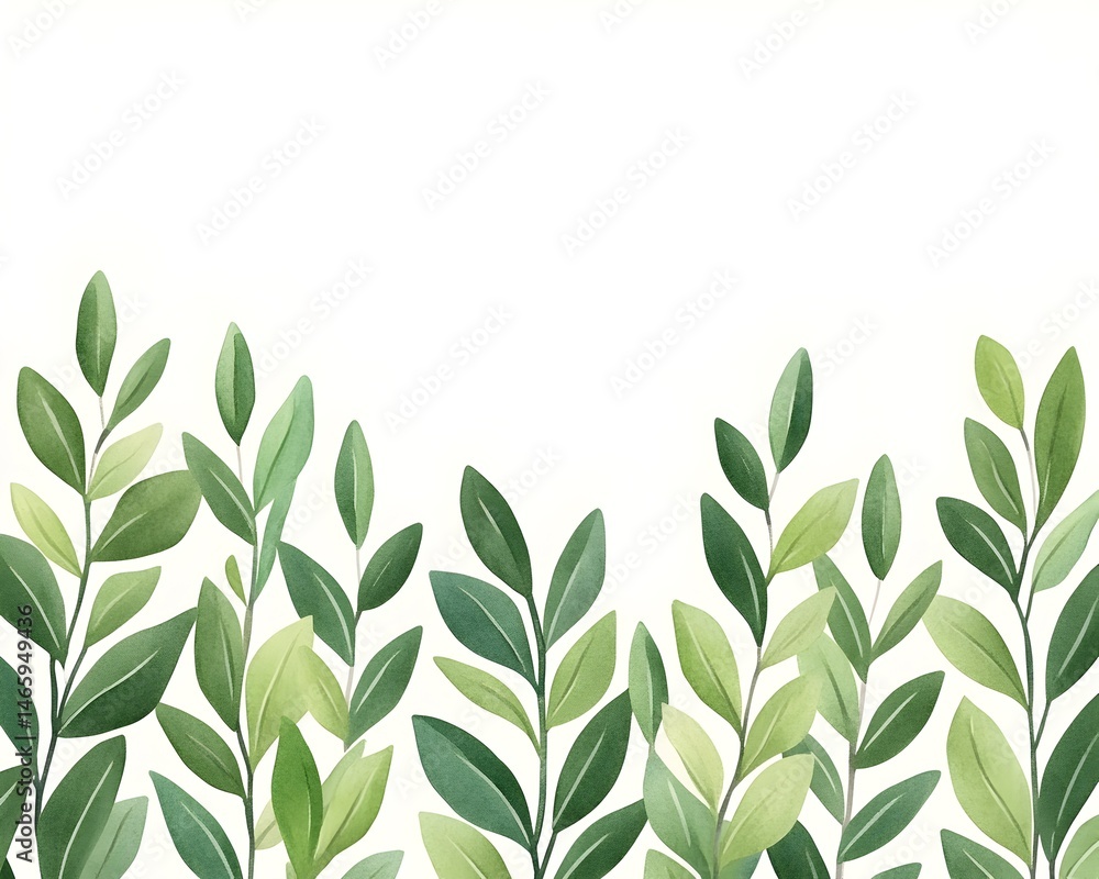 Fototapeta premium Lush green foliage arranged in a horizontal border against a white background