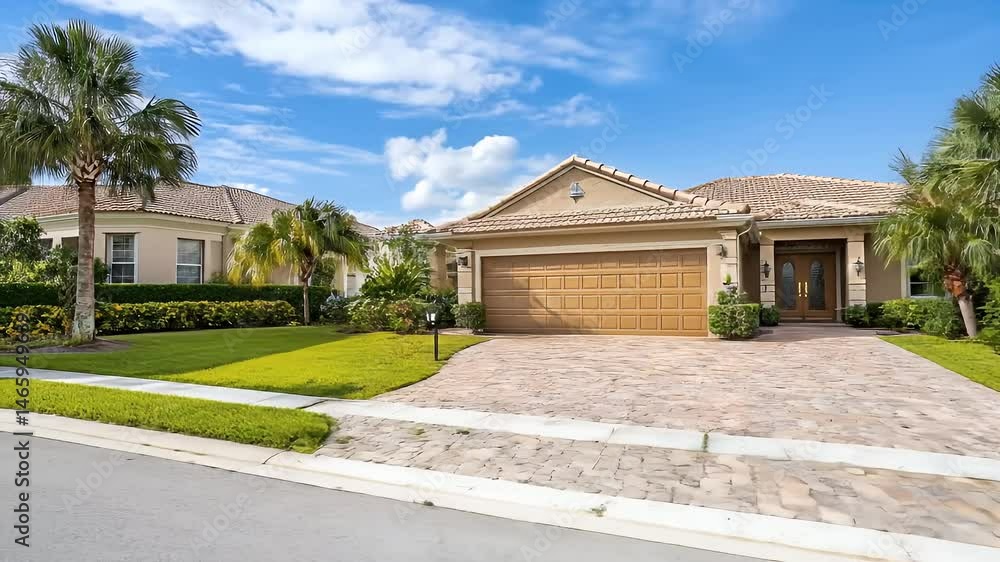 Tan Single Story House With Brick Driveway Palm Trees Green Lawn Under Blue Sky Tan Single Story House With Brick Driveway Palm Trees Green Lawn Under Blue Sky