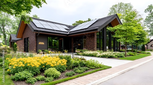 Wallpaper Mural Modern brick home with solar panels, large windows, and landscaped garden Torontodigital.ca
