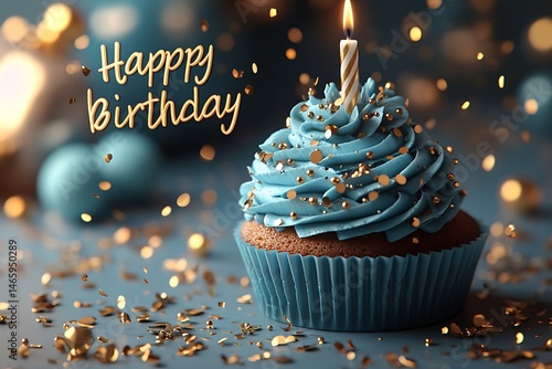 Elegant birthday cupcake decorated with blue frosting and golden sparkles with a lit candle