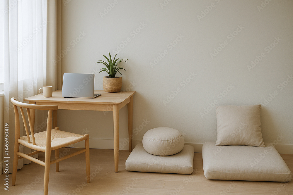 Work-life balance lifestyle concept. Cozy workspace with minimalist decor and natural light. Work-life balance lifestyle concept. Cozy workspace with minimalist decor and natural light.