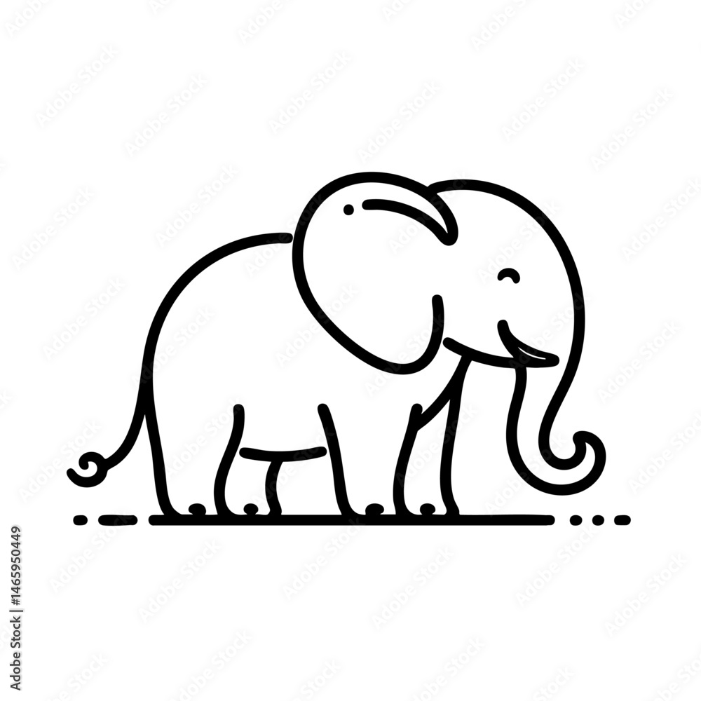 Cute Cartoon Elephant Line Art Happy Animal Illustration Cute Cartoon Elephant Line Art Happy Animal Illustration