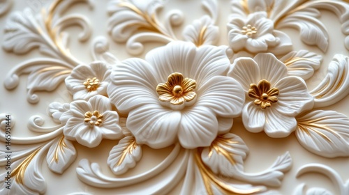 Ornate floral relief carving.  Detailed, decorative carvings of white flowers and gold accents on a light beige background.  Intricate designs, resembling a sculpted floral pattern