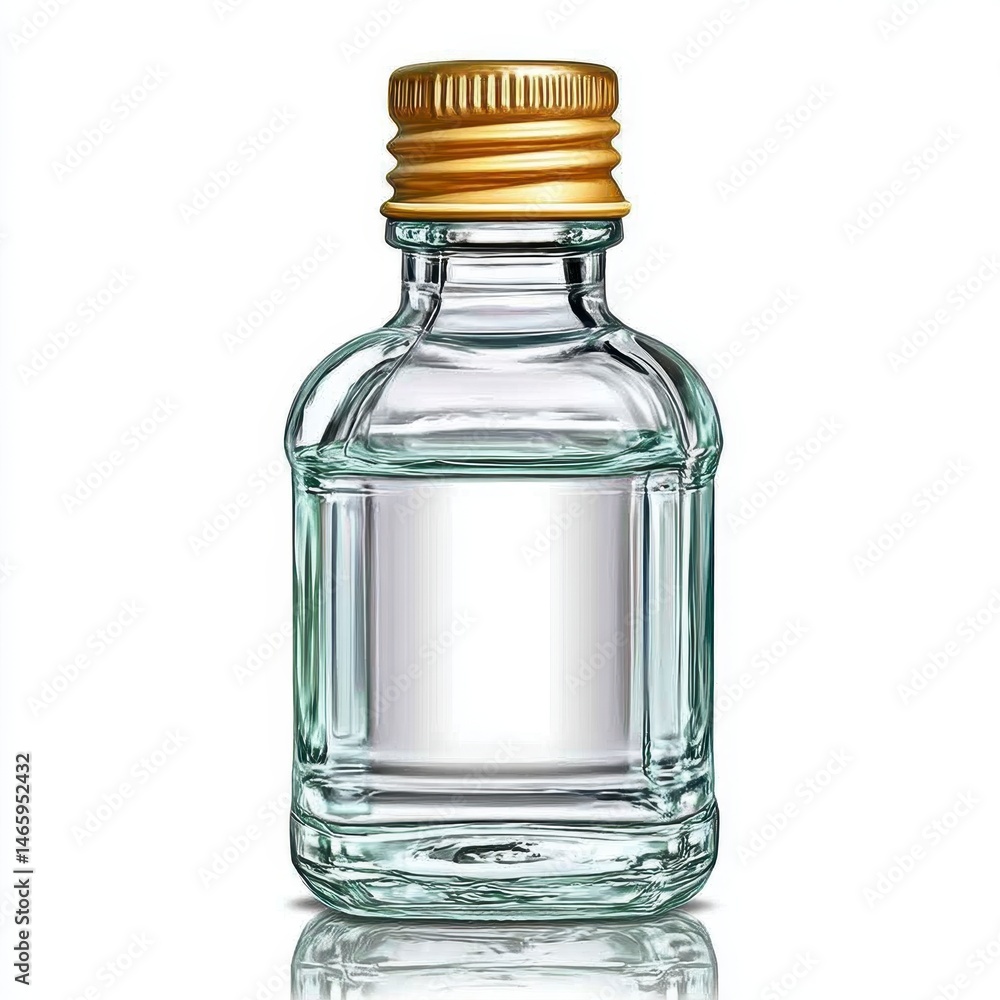 Small Clear Glass Bottle with Gold Cap on White Background
