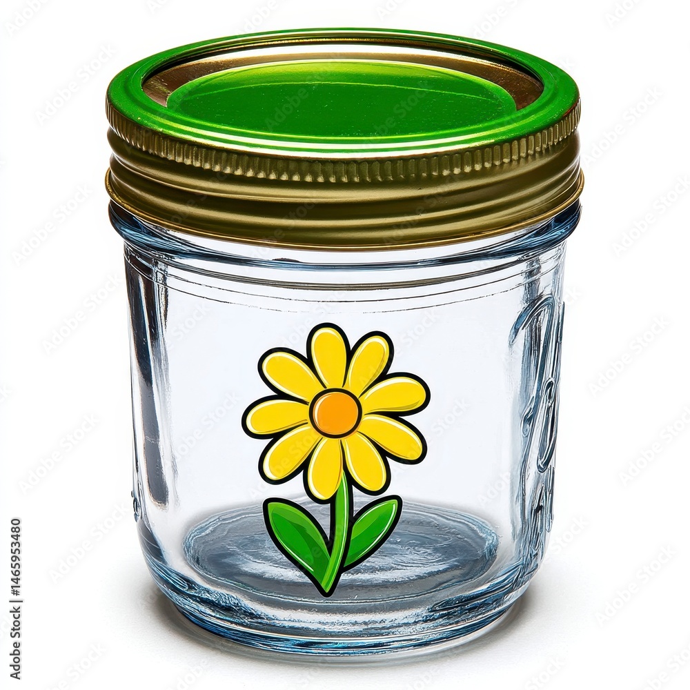 Small Glass Jar with Yellow Daisy Drawing and Green Lid
