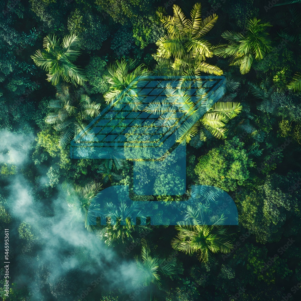Dense rainforest canopy viewed from above with mist rising through the treetops, showcasing untouched tropical wilderness and rich biodiversity of humid climate in early morning light