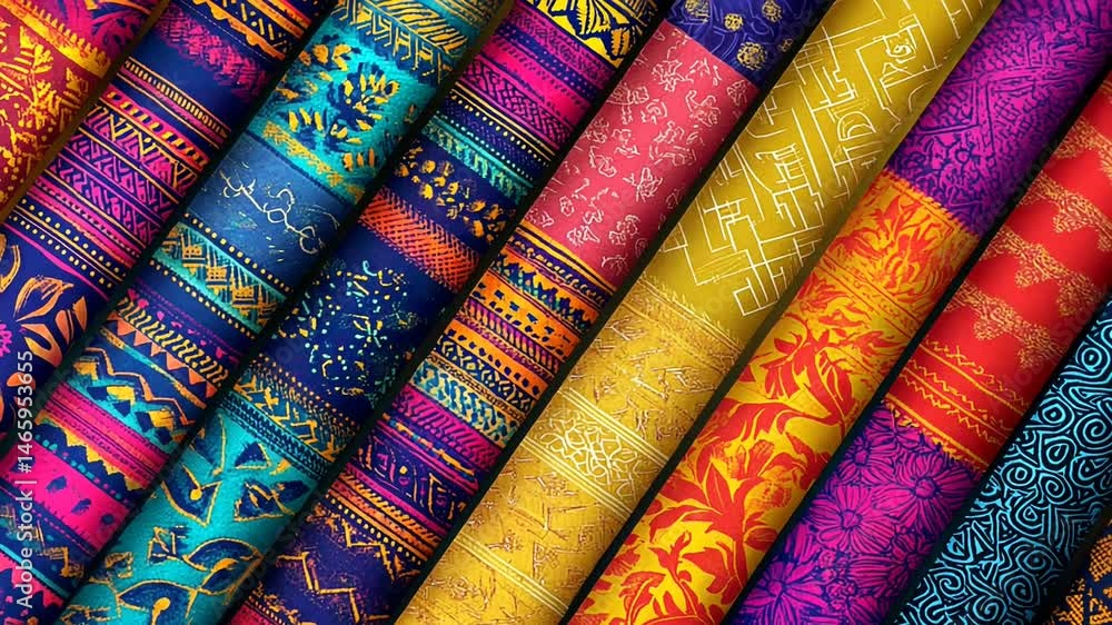 Colorful patterned textiles rolled up in vibrant display Colorful patterned textiles rolled up in vibrant display