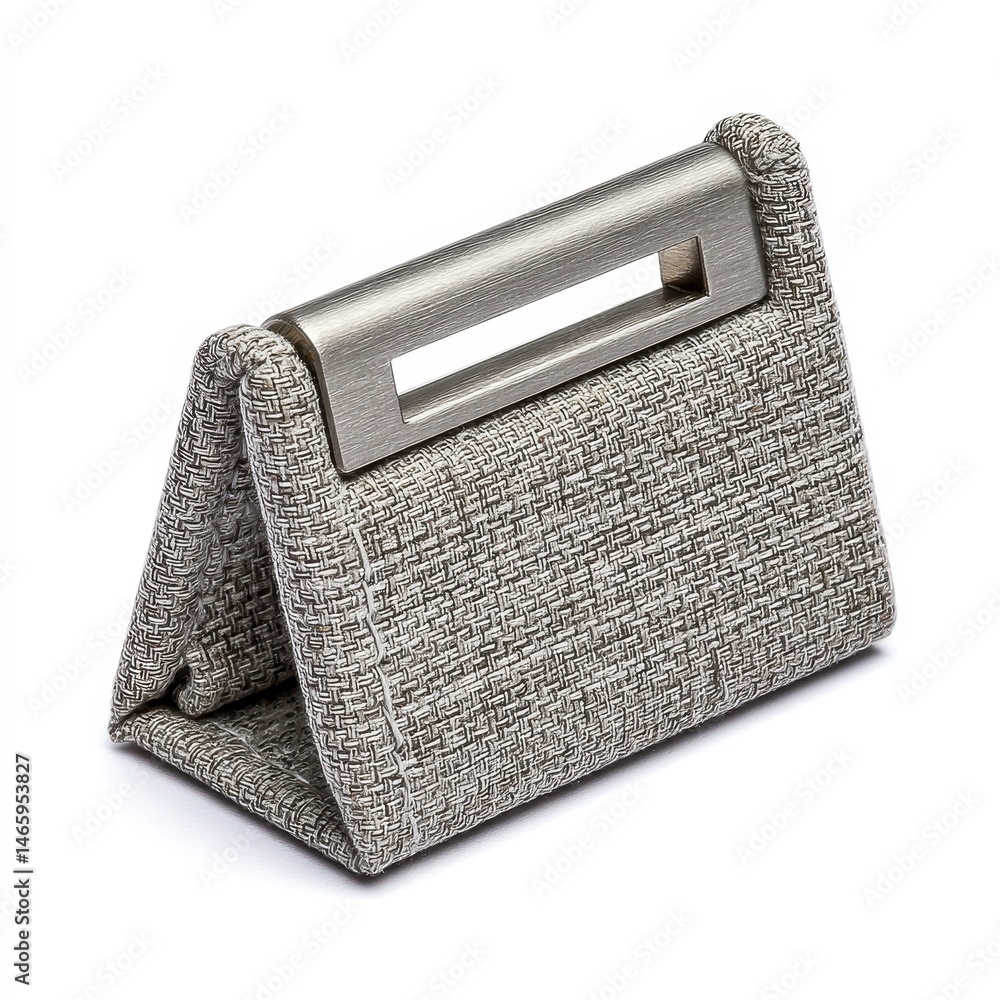 Small Gray Triangular Purse with Metallic Handle on White Background