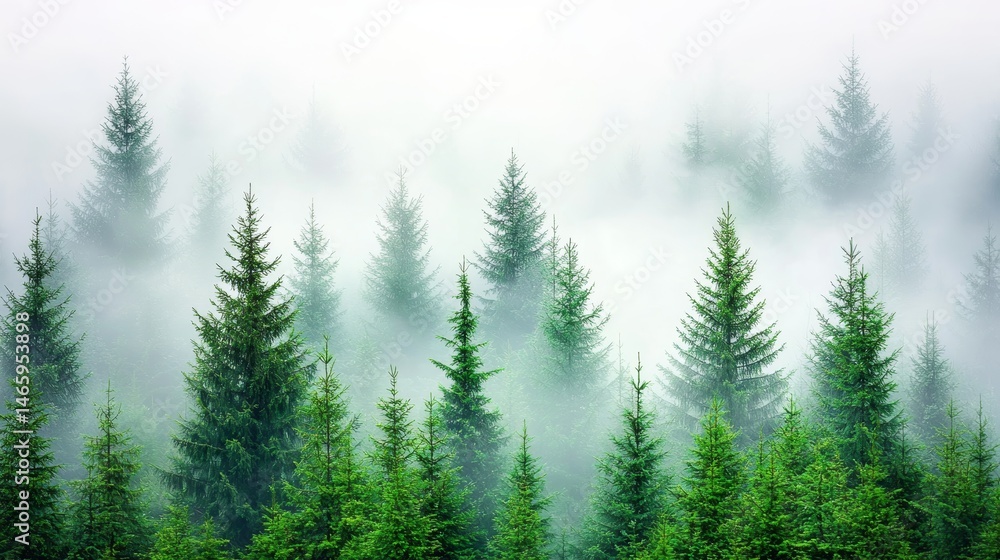 Fototapeta premium Misty Fog Rolling Through Pine Forest Landscape