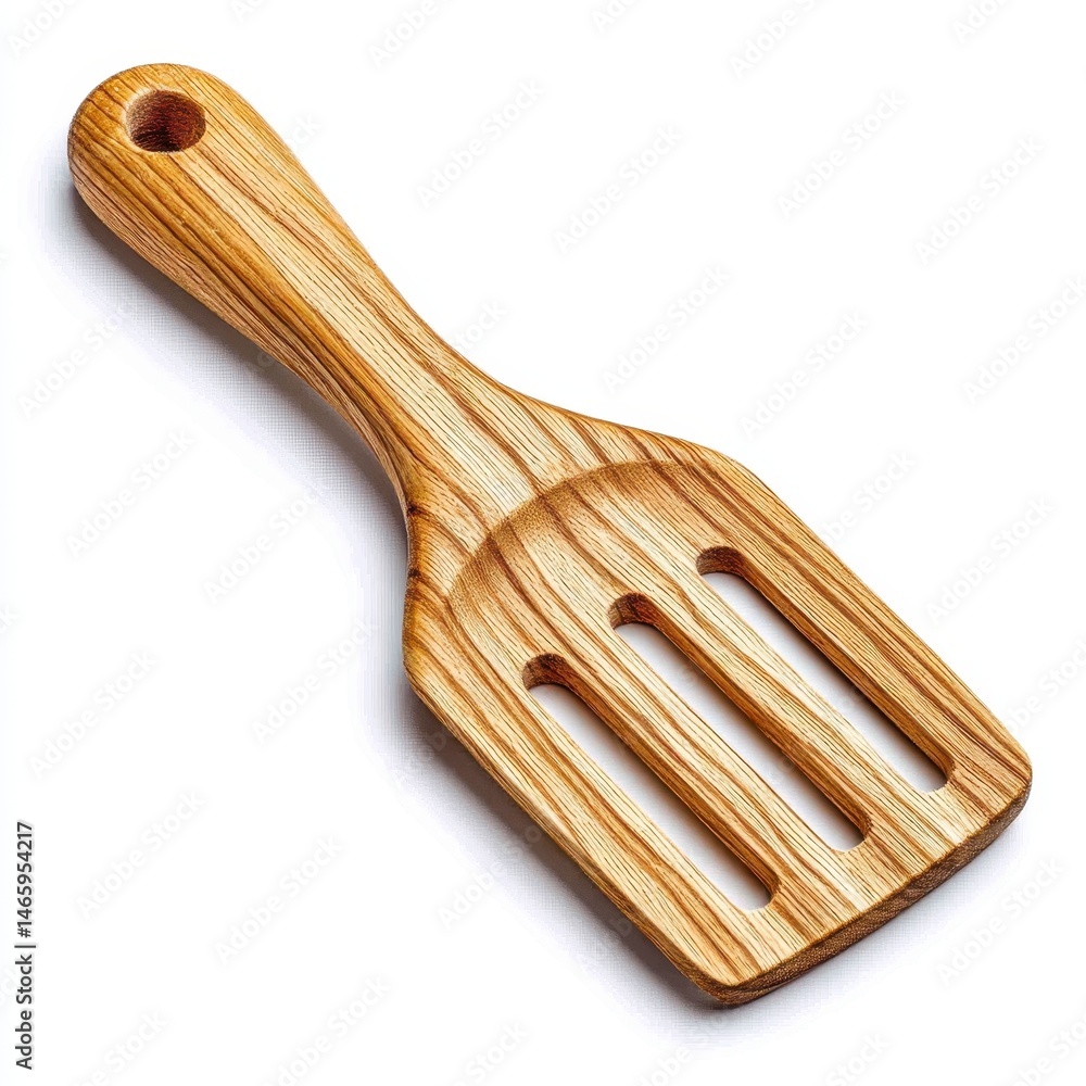 Small Light Brown Wooden Spatula with Three Slots on White Background
