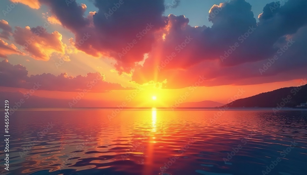 Fototapeta premium Vibrant sunset over calm sea, golden hour light, calm, light