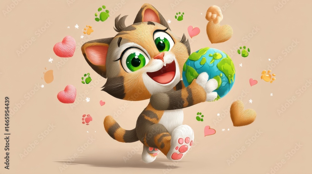 Naklejka premium A joyful whimsical cartoon cat character enthusiastically embracing the globe symbolizing a love and commitment to environmental protection and sustainability