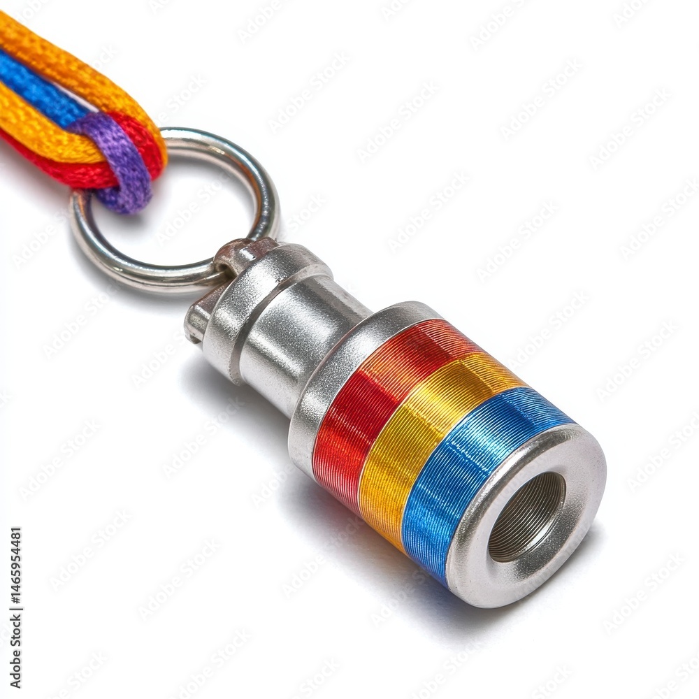 Small Metal Cylinder Pendant with Red Yellow Blue Stripes on Lanyard