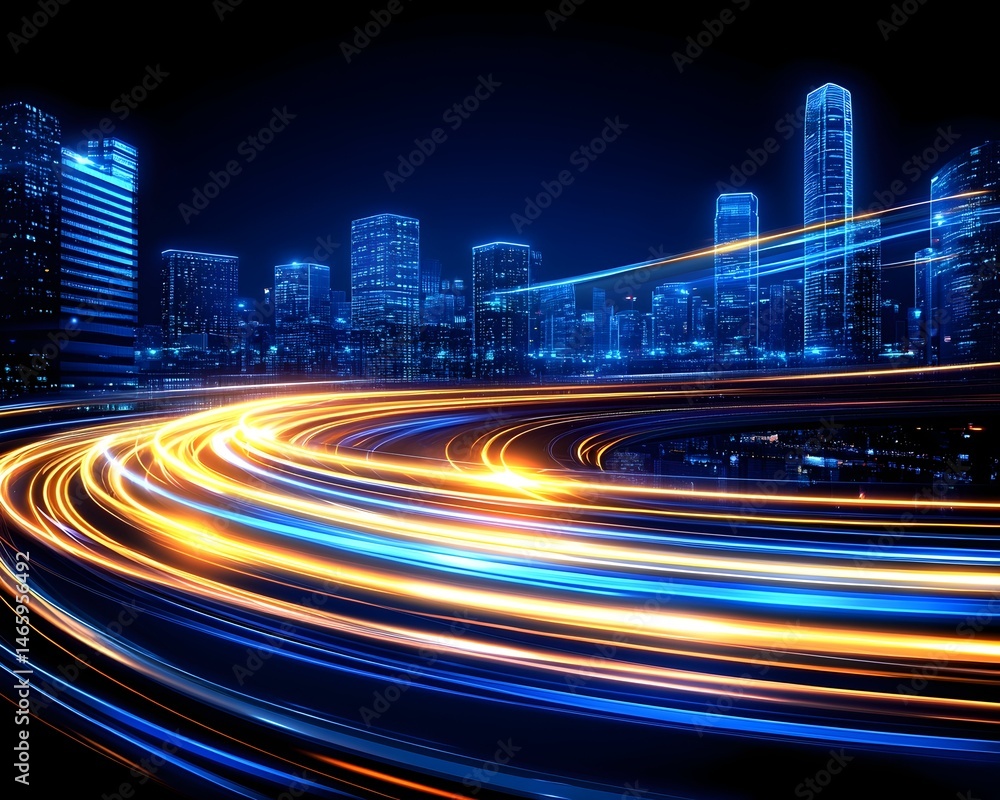 Fototapeta premium Cityscape at night with vibrant light trails swirling around a circular road