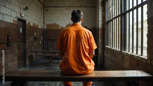 back view of a prisoner in orange clothes sitting on wooden bench in jail looking through window,