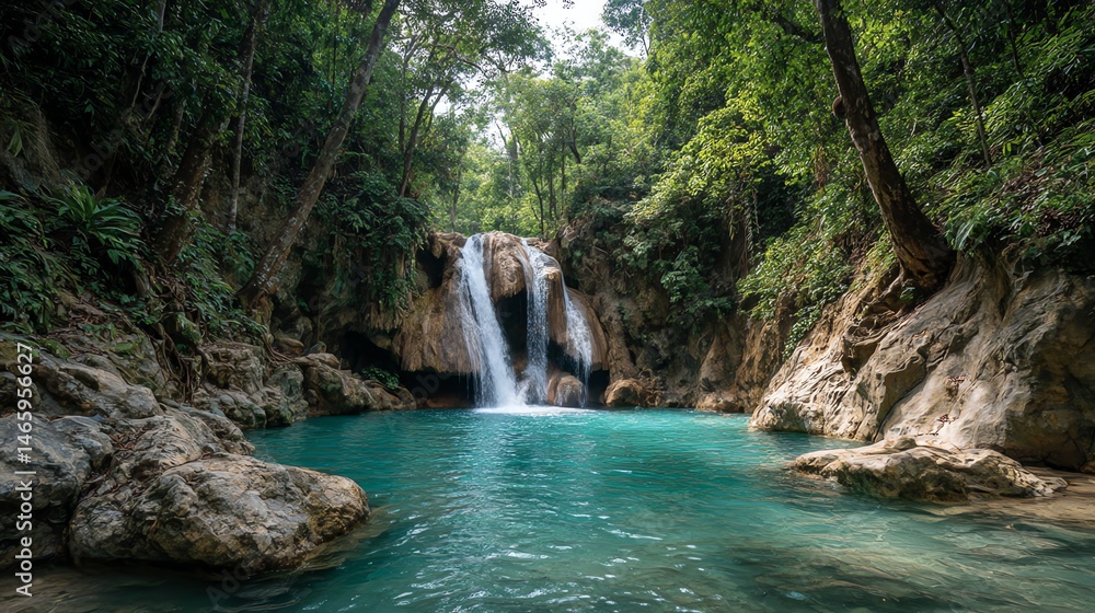 Naklejka premium Breathtaking turquoise waterfall cascading into a crystal-clear pool, set in lush tropical nature—perfect for travel, nature, and paradise themes.