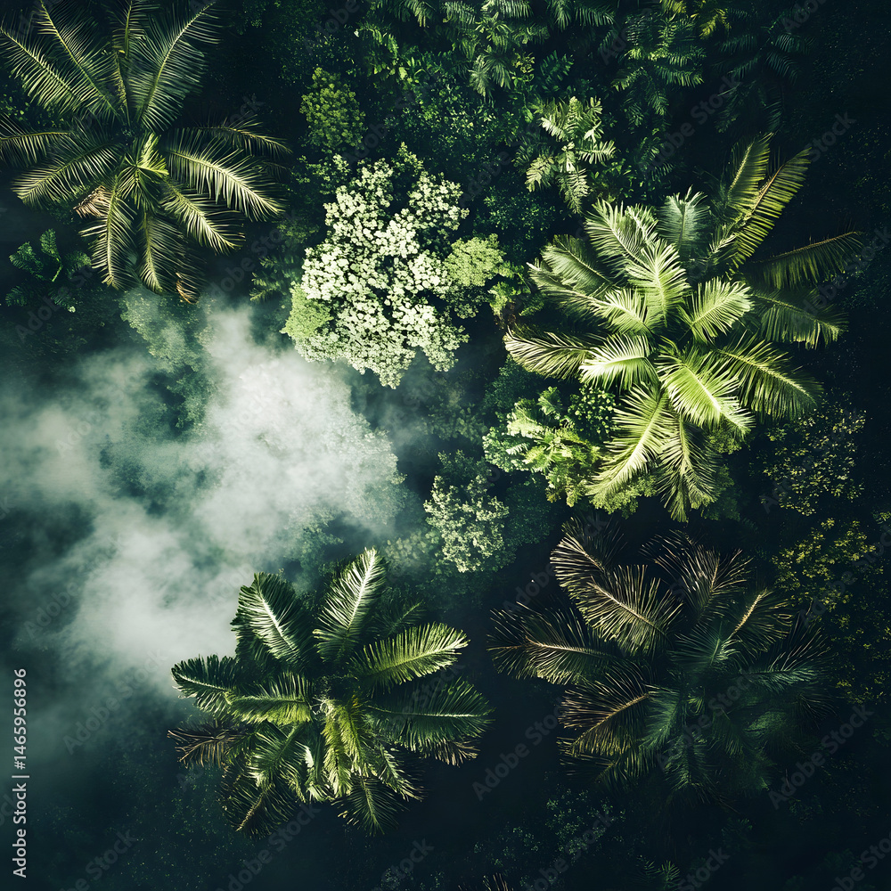 Dense rainforest canopy viewed from above with mist rising through the treetops, showcasing untouched tropical wilderness and rich biodiversity of humid climate in early morning light