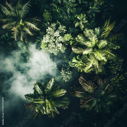 Dense rainforest canopy viewed from above with mist rising through the treetops, showcasing untouched tropical wilderness and rich biodiversity of humid climate in early morning light