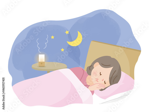 ベットでぐっすり眠る中年女性のイラスト素材