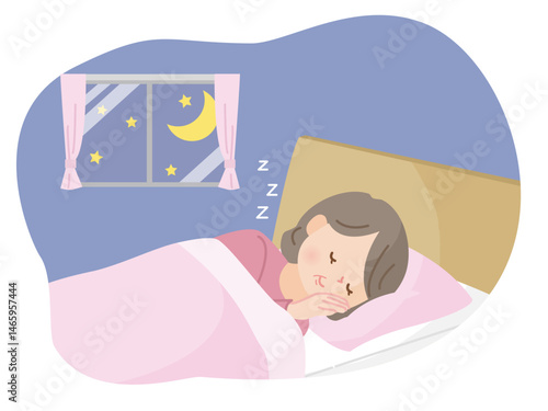 ベットでぐっすり眠る中年女性のイラスト素材
