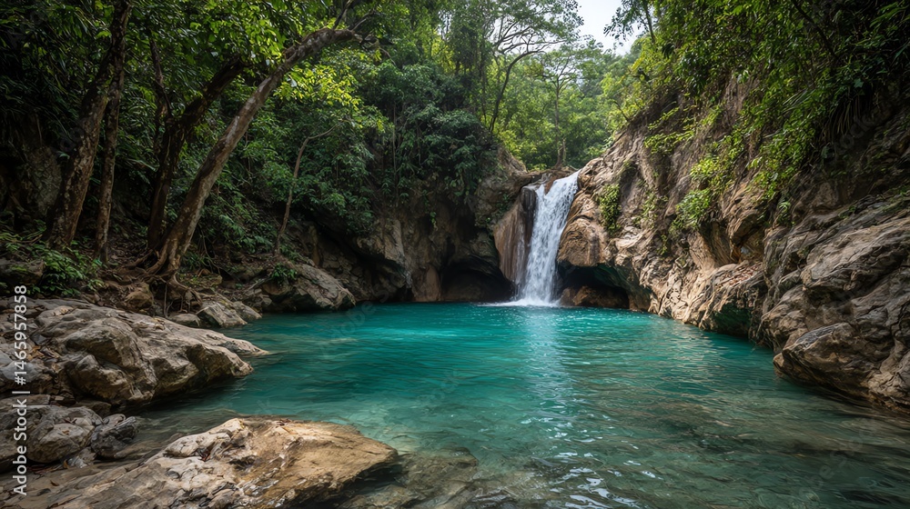 Fototapeta premium Breathtaking turquoise waterfall cascading into a crystal-clear pool, set in lush tropical nature—perfect for travel, nature, and paradise themes.