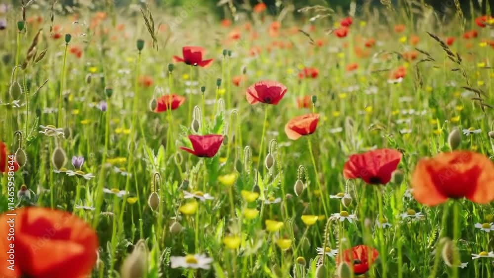 Red Poppies Blooming in a Wildflower Meadow Red Poppies Blooming in a Wildflower Meadow